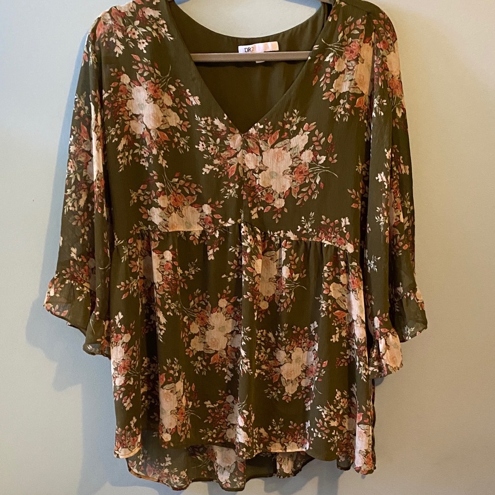DR2 Olive Floral V-Neck Blouse Lined L EUC
